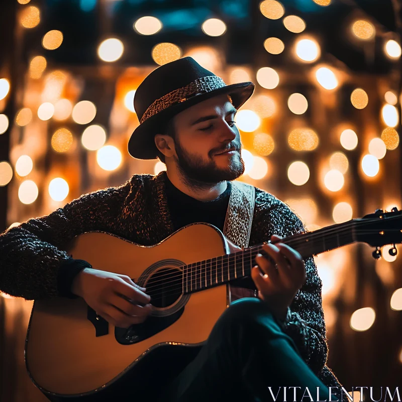 Guitarist in Cozy Sweater with Bokeh Lights AI Image