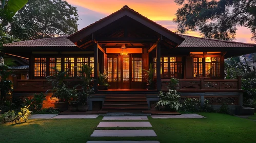 Traditional House with Warm Lighting in Nature