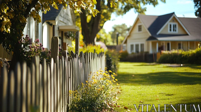 Sunlit Suburban Neighborhood with Flowering Garden and Wooden Fence AI Image