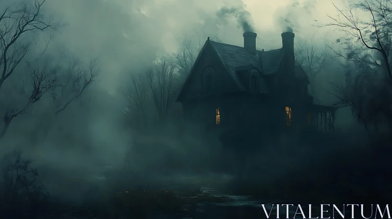 Haunted House Surrounded by Fog in a Dark Forest AI Image