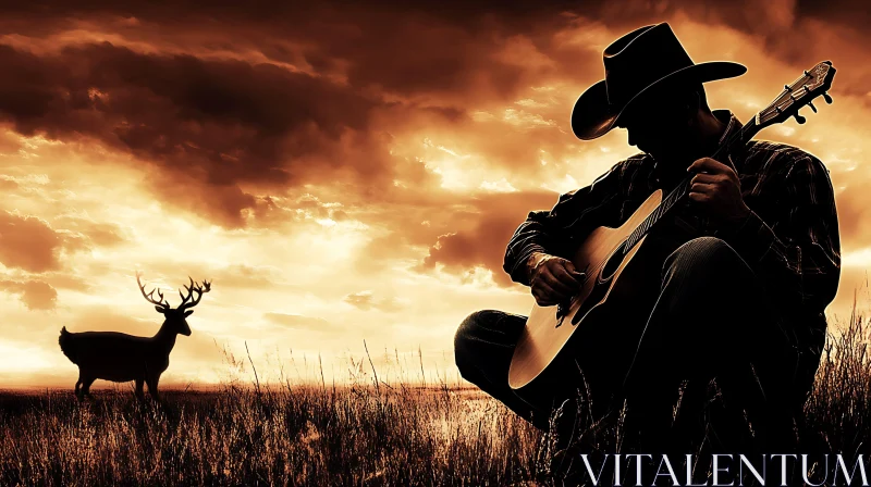 Cowboy Guitarist and Deer in Sunset Field AI Image