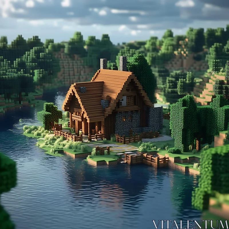 Countryside Pixel Art Cabin by the River AI Image