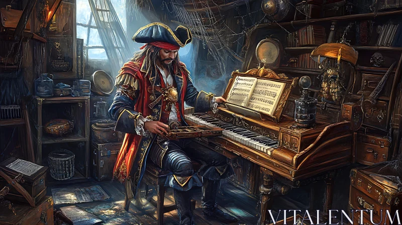 AI ART Pirate and Music: An Antique Cabin Scene