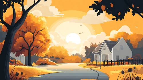 Serene Sunset Landscape with Autumn Trees and Cozy House