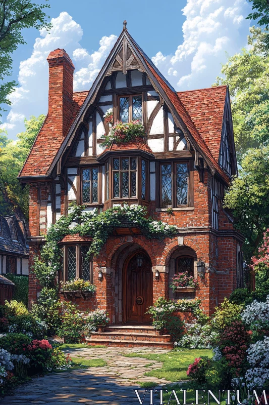 Picturesque Tudor Home with Lush Garden AI Image