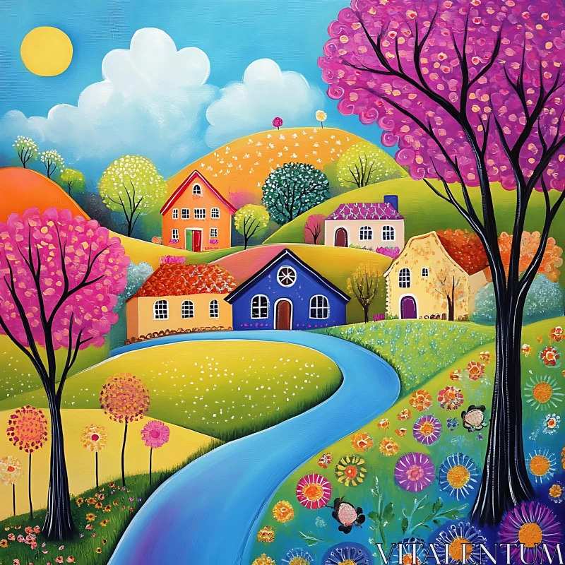 Whimsical Village with Vibrant Trees and Houses AI Image