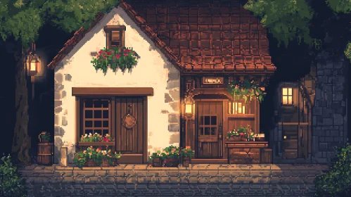 Pixel Art Night Scene of Rustic Cottage