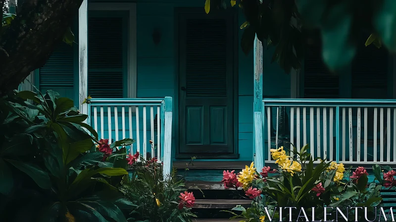 AI ART Serene Blue Porch with Lush Greenery and Colorful Flowers