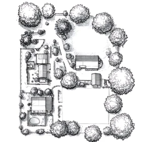 Blueprint of Detailed Landscape Design with Buildings and Pathways