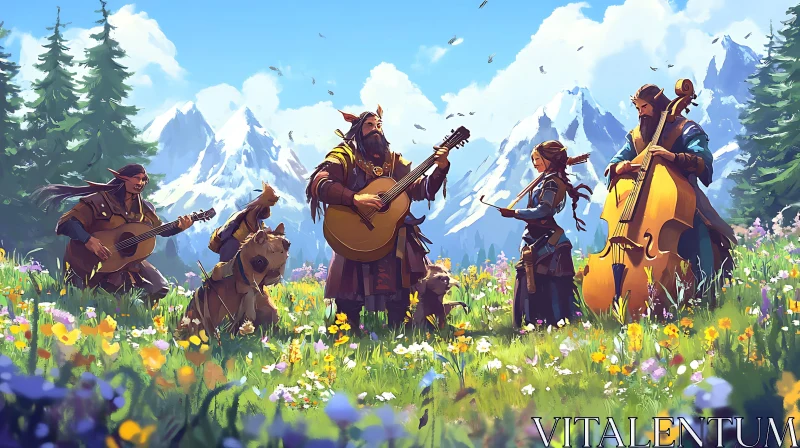 Elf Musicians in a Fantasy Meadow AI Image