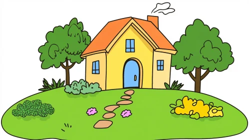 Quaint Cartoon House in a Green Garden