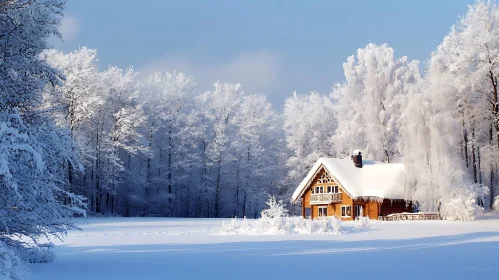 Snow-Covered Cabin in Quiet Winter Wood