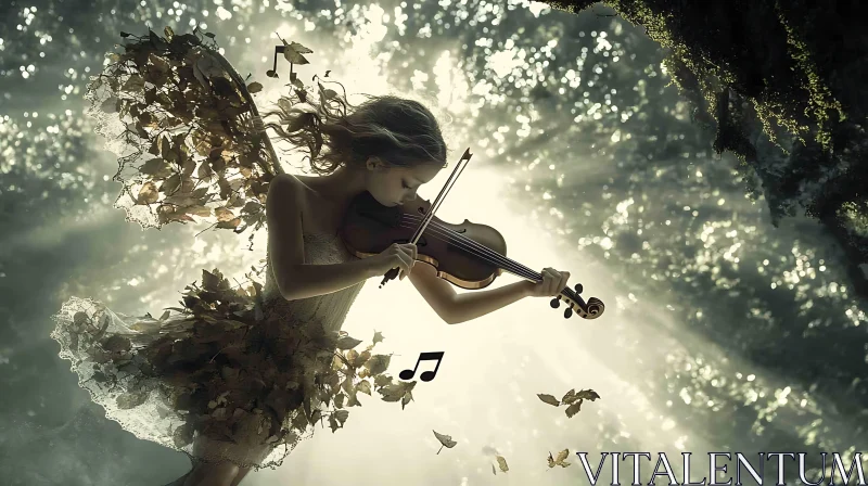 Ethereal Fairy Violinist in Magical Woodland AI Image