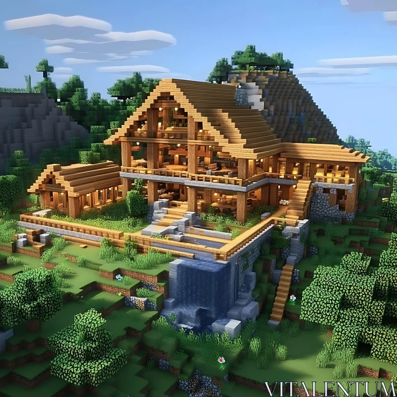 Beautiful Minecraft Home with Waterfall AI Image