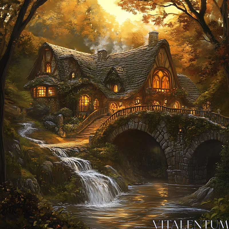 Scenic Cottage by a Stream AI Image