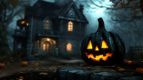 Spooky Halloween Pumpkin by a Haunted House