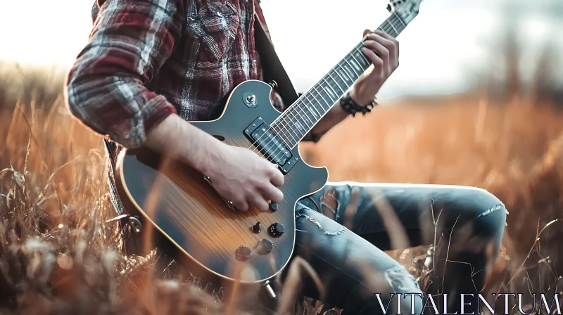 Playing Electric Guitar in Autumn Grass AI Image