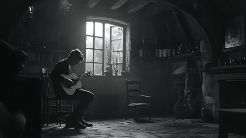 Acoustic Guitarist in Dimly-Lit Cozy Room