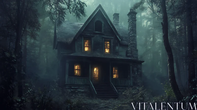 Eerie House Amidst Foggy Woods AI Image