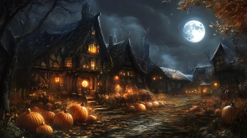 Mystical Cottages Under Moonlit Sky with Pumpkins