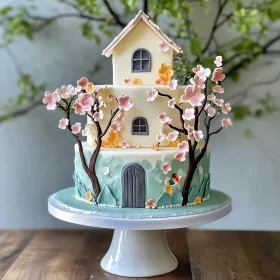 Charming House Cake Surrounded by Blossoming Trees