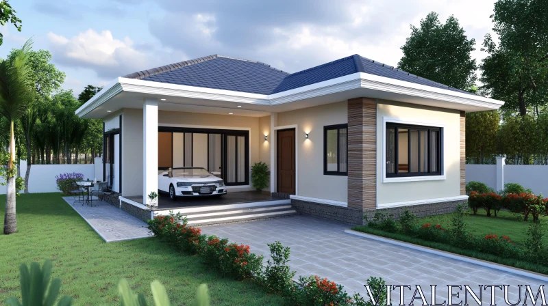 AI ART Contemporary Home with Open Garage and Manicured Lawn