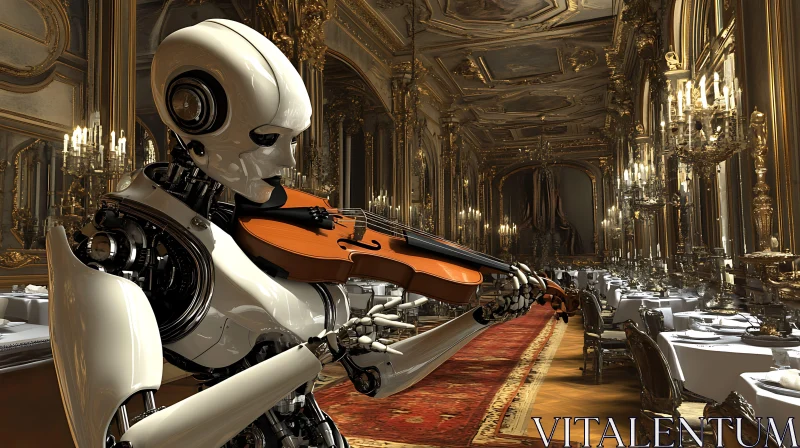 Futuristic Cyborg Performing Music in Opulent Setting AI Image