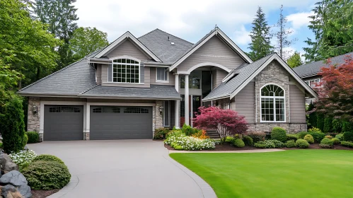 Elegant Home with Grey Siding and Manicured Lawn