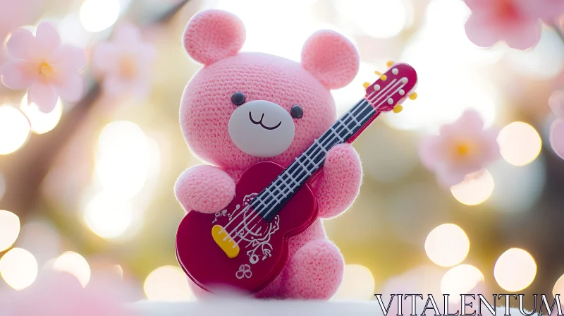 Cute Pink Teddy Bear Playing Guitar AI Image