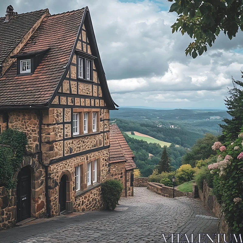 Picturesque Historic House and Scenic Valley Landscape AI Image