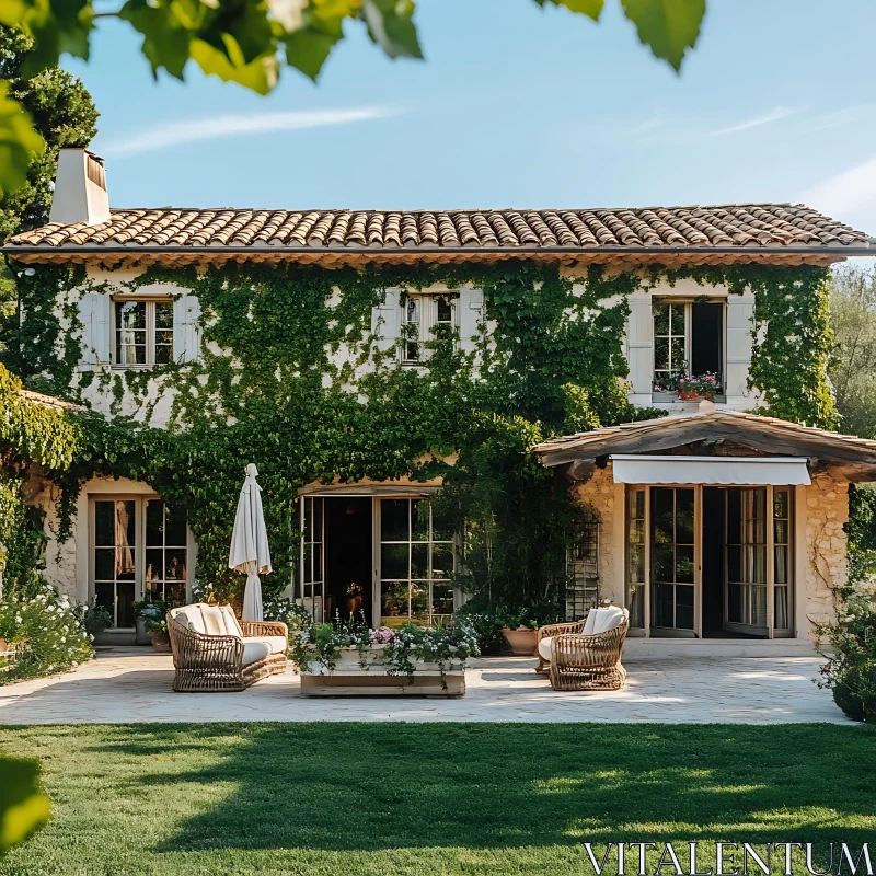 Idyllic House with Ivy Facade and Garden Patio AI Image