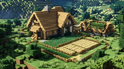 Pixelated Minecraft Farmhouse Amidst Nature