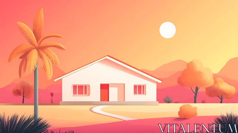 Tranquil Sunset with House and Trees AI Image