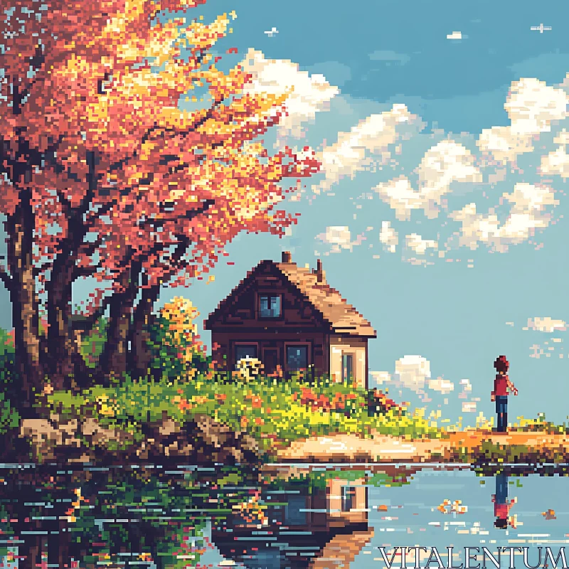 AI ART Tranquil Lakeside Cottage with Autumn Foliage