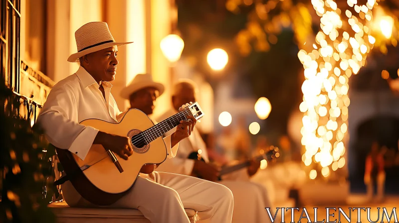 Street Musicians Illuminated by Evening Lights AI Image