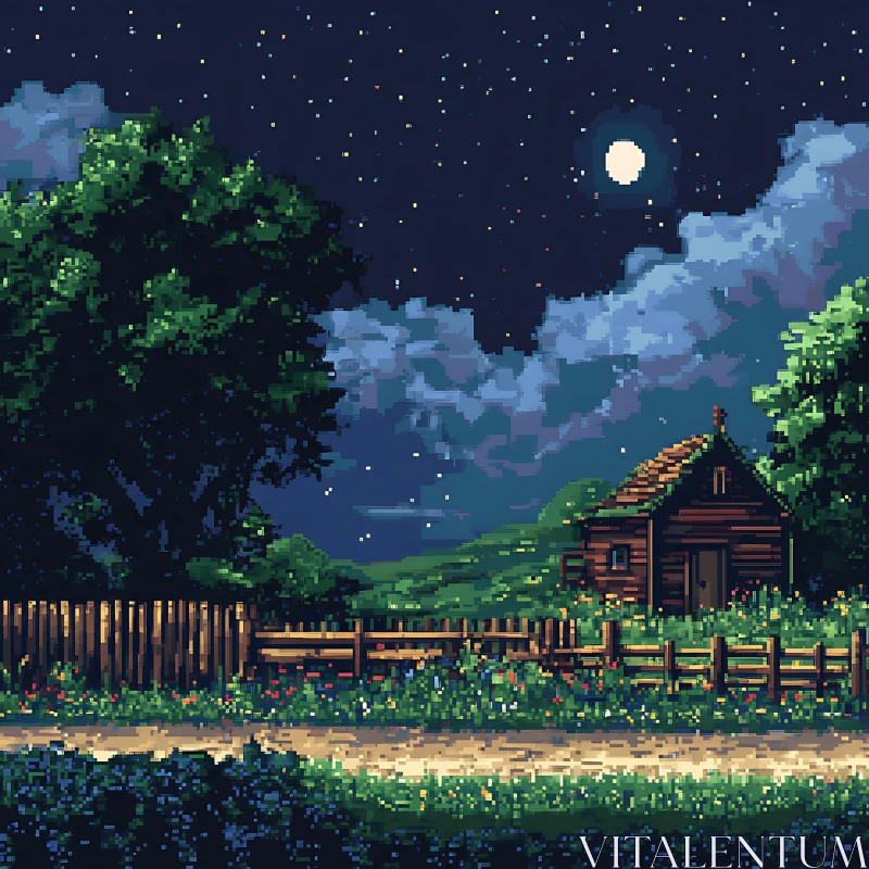 Tranquil Night Scene with Cabin and Moonlight AI Image