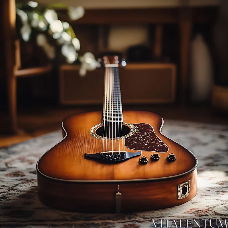 Elegant Wooden Guitar Lying on Decorative Rug AI Image