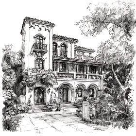 Intricate Architectural Drawing of a Classic Building