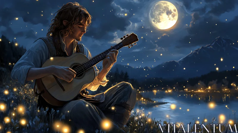 Magical Night with Guitar and Fireflies AI Image