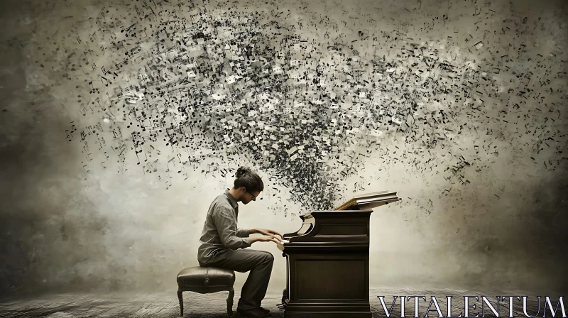 Man Playing Piano with Scattering Music Notes AI Image