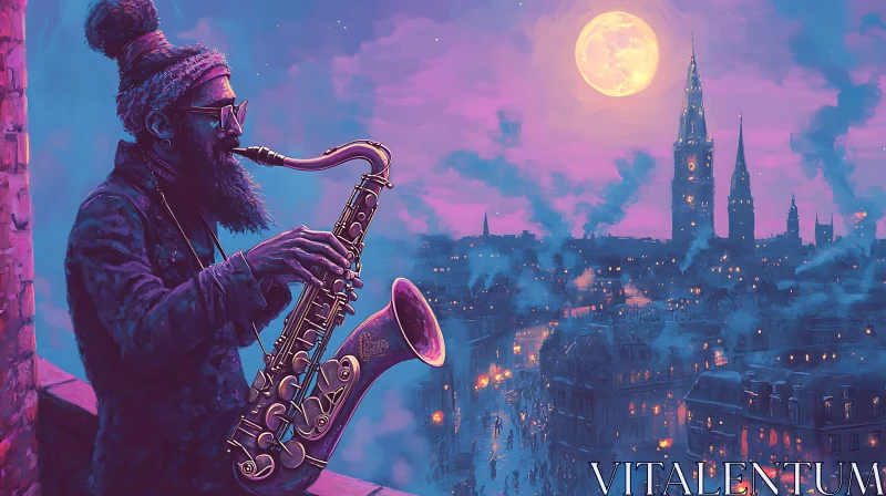 Night Serenade: Saxophonist Overlooking Cityscape AI Image