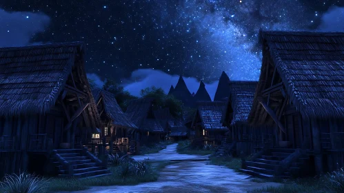 Nighttime Village Beneath Starry Sky