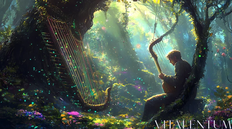 Enchanted Forest Harp Melody AI Image