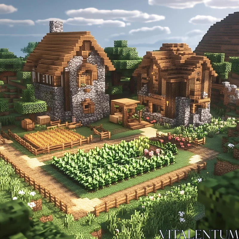 Pixel Art Village with Farm and Wooden Structures AI Image