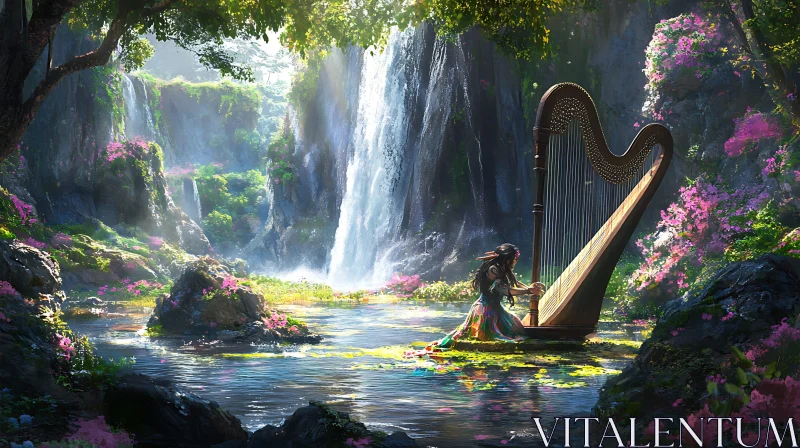 Serene Forest Waterfall with Harp Player AI Image