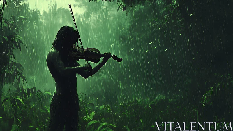 Rainy Forest Violinist Silhouette AI Image