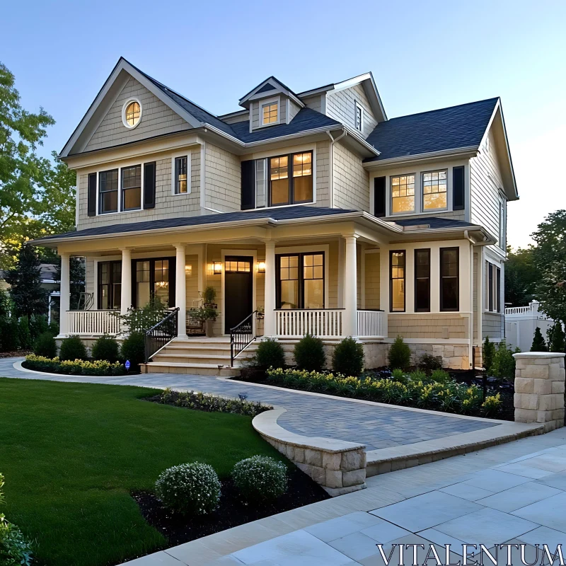 Elegant Family Home with Beautiful Landscaping AI Image