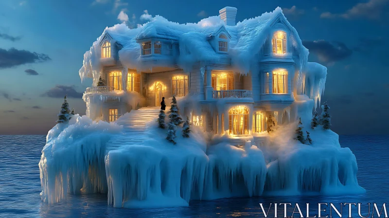 AI ART Frozen House Illuminated at Twilight