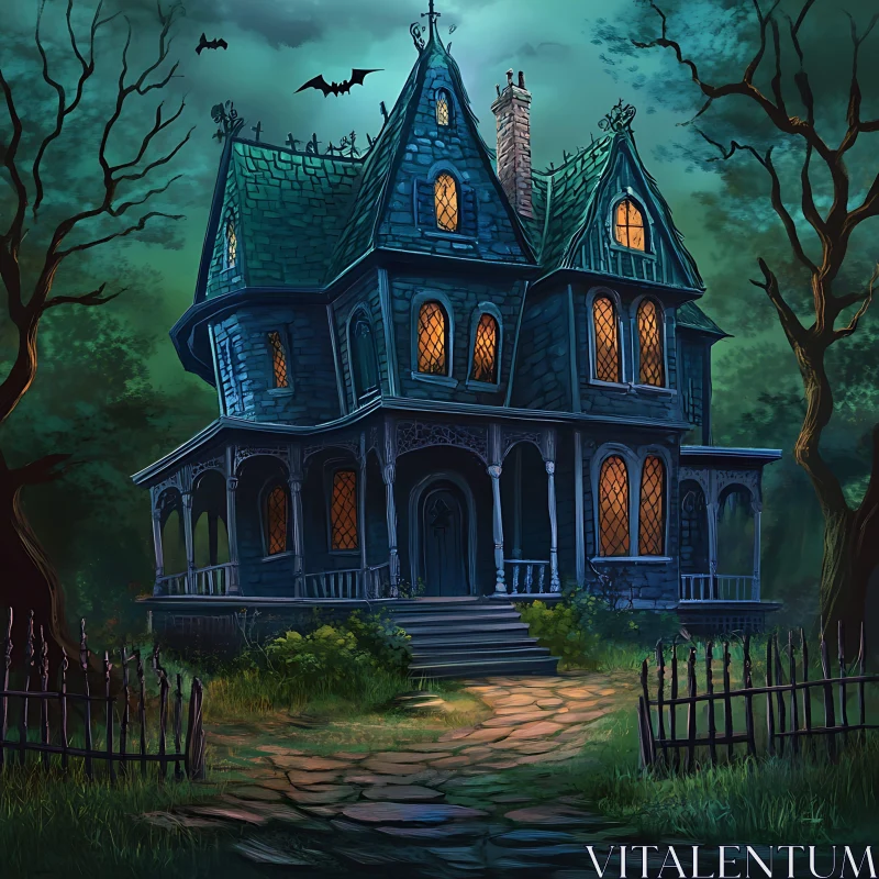 Eerie Nighttime Mansion with Flying Bats AI Image