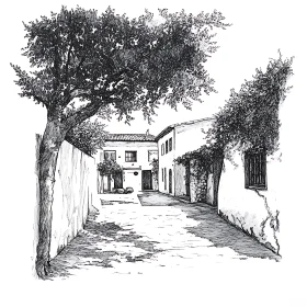 Detailed Pen Artwork of an Antique Alleyway